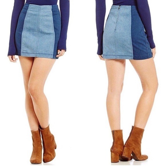 Free People Denim High Waisted Stretchy Blue Jean Mini Skirt Festival Boho Sz 4 - Picture 1 of 10